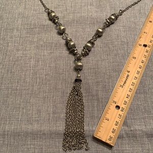 Silver Tone Beaded Tassel Long Necklace 32” plus